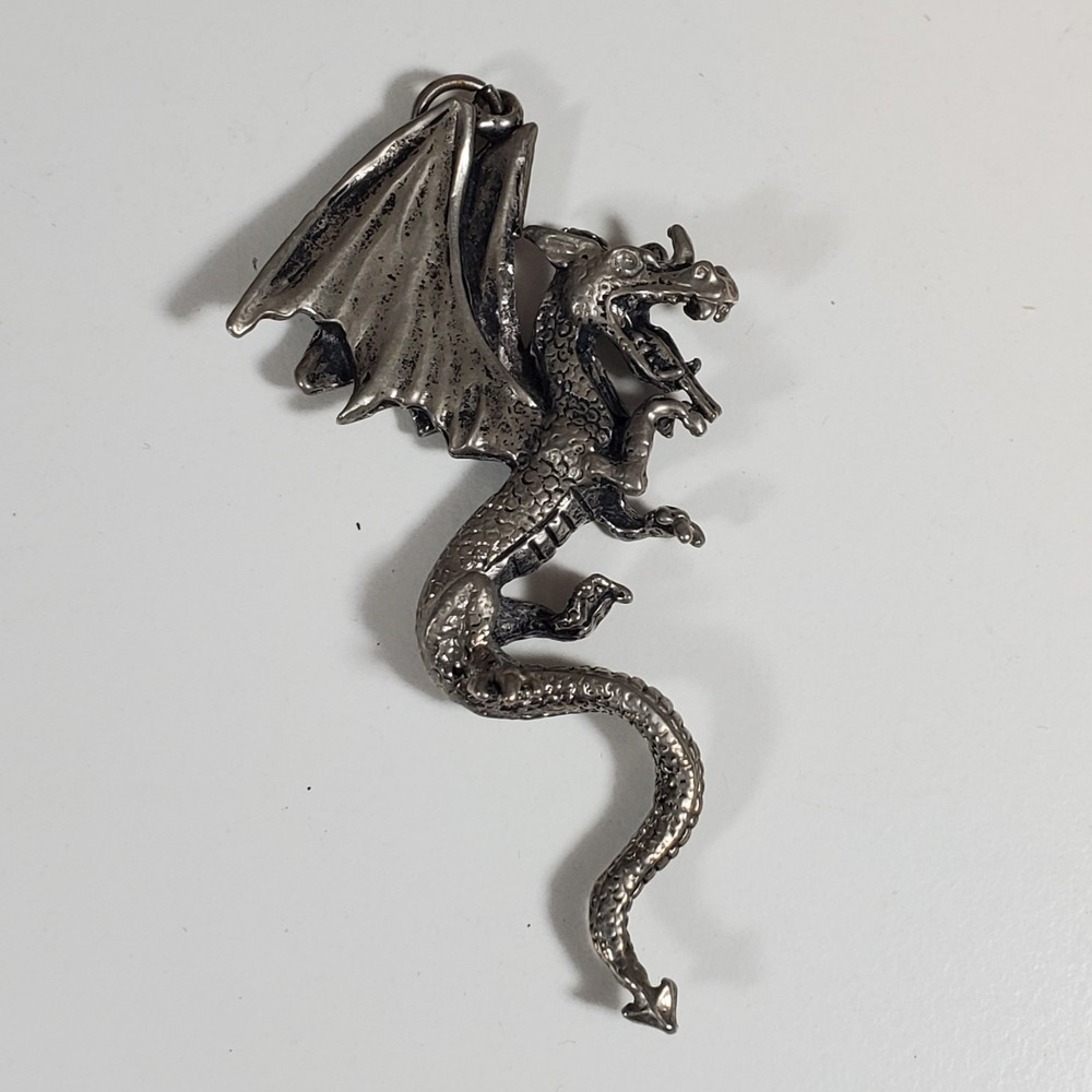 Vintage JPI 2.5" Dragon Pewter Necklace Pendant Charm 2000 Metal Fantasy Costume